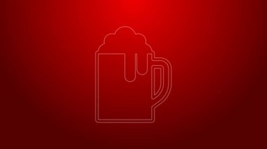 Kırmızı arka planda yeşil çizgi ahşap bira kupası ikonu izole edildi. 4K Video hareketli grafik canlandırması