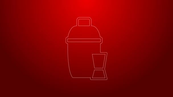 Green line Cocktail shaker with cocktail glass icon isolated on red background. 4K Video motion graphic animation — Stock Video