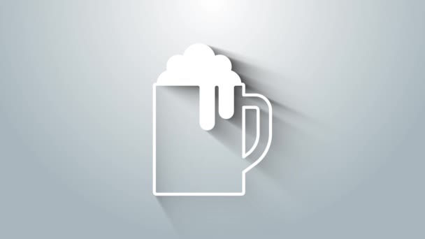 Bílý dřevěný pivní hrnek ikona izolované na šedém pozadí. Grafická animace pohybu videa 4K — Stock video