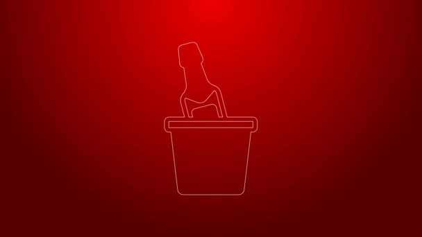 Grön linje Flaska champagne i en ishink ikon isolerad på röd bakgrund. 4K Video motion grafisk animation — Stockvideo