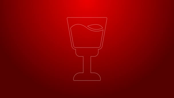 Línea verde Icono de cristal de vino aislado sobre fondo rojo. Signo de copa de vino. Animación gráfica de vídeo 4K — Vídeos de Stock