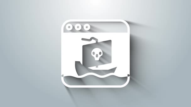 Icono de piratería de Internet blanco aislado sobre fondo gris. Piratería en línea. Delito ciberespacial con descarga de archivos y películas compartidas. Animación gráfica de vídeo 4K — Vídeos de Stock