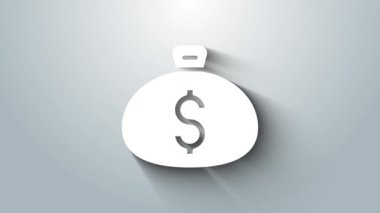 Beyaz Para Çantası simgesi gri arka planda izole edildi. Dolar ya da USD sembolü. Nakit bankacılık tabelası. 4K Video hareketli grafik canlandırması