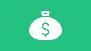 Yeşil arka planda beyaz para çantası simgesi izole edildi. Dolar ya da USD sembolü. Nakit bankacılık tabelası. 4K Video hareketli grafik canlandırması