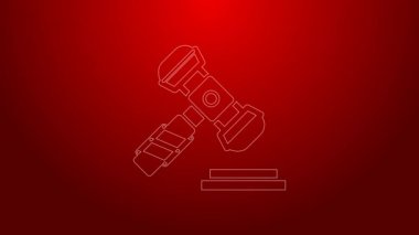 Yeşil çizgi Yargıç Tokmak simgesi kırmızı arkaplanda izole edildi. Gavel cezaların, faturaların, mahkemenin, adaletin hükmünü verecek. Açık arttırma çekici. 4K Video hareketli grafik canlandırması