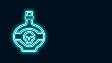 Şişedeki parlak neon çizgisi zehri siyah arka planda izole edilmiş. Bir şişe zehir ya da zehirli kimyasal toksin. 4K Video hareketli grafik canlandırması