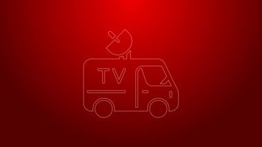 Çatıda ekipmanı olan yeşil çizgi TV haber aracı kırmızı arka planda izole edilmiş. 4K Video hareketli grafik canlandırması