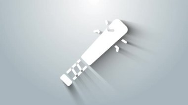 Gri arka planda çivi simgesi olan beyaz beyzbol sopası. Şiddetli silah. 4K Video hareketli grafik canlandırması