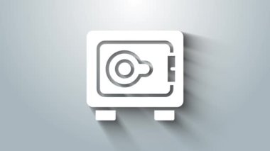 Gri arkaplanda beyaz kasa simgesi izole edildi. Kapı, şifreli bir banka kasası. Güvenilir Veri Koruma. 4K Video hareketli grafik canlandırması