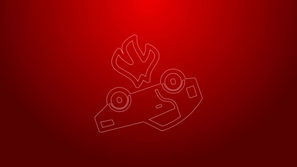 Green line Burning car icon isolated on red background. Car on fire. Broken auto covered with fire and smoke. 4K Video motion graphic animation — Video Stock