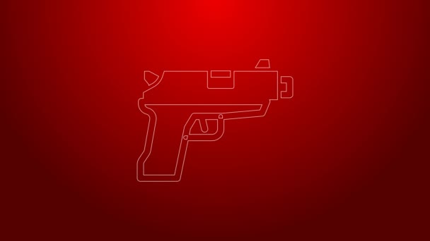 Línea verde Pistola o pistola icono aislado sobre fondo rojo. Pistola policial o militar. Arma pequeña. Animación gráfica de vídeo 4K — Vídeo de stock
