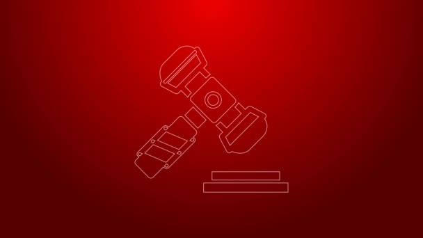 Zielona linia Sędzia ikona młotka izolowane na czerwonym tle. Gavel do orzekania wyroków i ustaw, sądu, sprawiedliwości. Młotek aukcyjny. 4K Animacja graficzna ruchu wideo — Wideo stockowe
