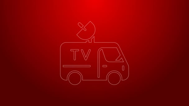 Grön linje TV Nyheter bil med utrustning på taket ikonen isolerad på röd bakgrund. 4K Video motion grafisk animation — Stockvideo