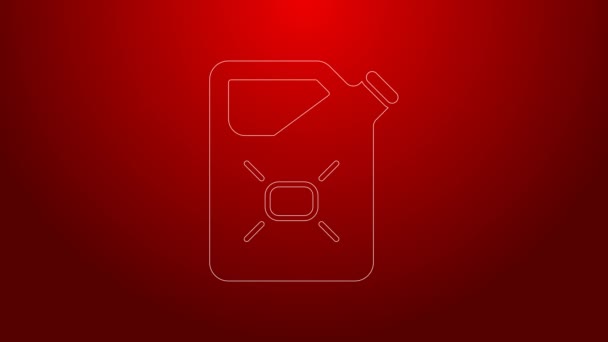 Green line Canister for flammable liquids icon isolated on red background. Oil or biofuel, explosive chemicals, dangerous substances. 4K Video motion graphic animation — Vídeo de Stock