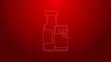 Yeşil çizgi, kırmızı arka planda izole edilmiş süt ve cam ikonlu cam şişe. 4K Video hareketli grafik canlandırması