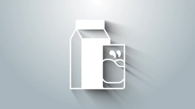 Beyaz kağıt kefir paketi ve gri arkaplanda izole edilmiş cam ikon. Sağlıklı yaşam tarzı ve probiyotik tatmini için diyet yapmak. 4K Video hareketli grafik canlandırması