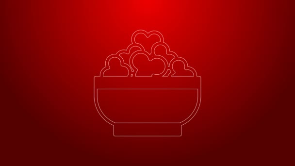 Línea verde Icono de queso Cottage aislado sobre fondo rojo. Vitaminas y minerales esenciales en los alimentos saludables. Concepto médico, sanitario y dietético. Animación gráfica de vídeo 4K — Vídeo de stock