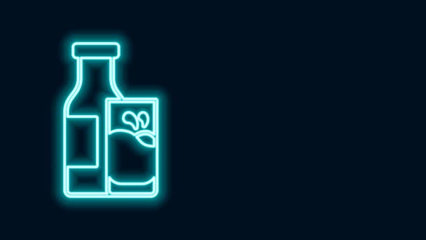 Glowing neon line Closed glass bottle with milk and glass icon isolated on black background. 4K Video motion graphic animation — Stock Video