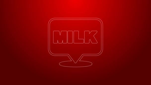 Πράσινη γραμμή Lettering εικονίδιο του γάλακτος απομονώνονται σε κόκκινο φόντο. Χειρόγραφο σχέδιο για ετικέτα, μάρκα, σήμα. 4K Γραφική κίνηση κίνησης βίντεο — Αρχείο Βίντεο
