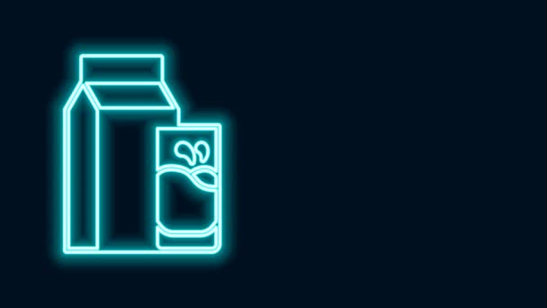 Glowing neon line Paper package for kefir and glass icon isolated on black background. Dieting food for healthy lifestyle and probiotics fulfillment. 4K Video motion graphic animation — Vídeo de Stock