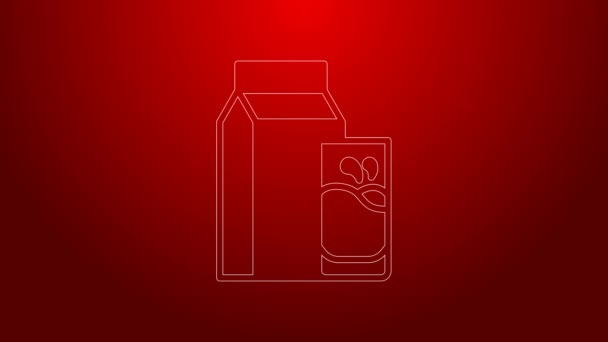 Green line Paper package for kefir and glass icon isolated on red background. Dieting food for healthy lifestyle and probiotics fulfillment. 4K Video motion graphic animation — Vídeo de Stock