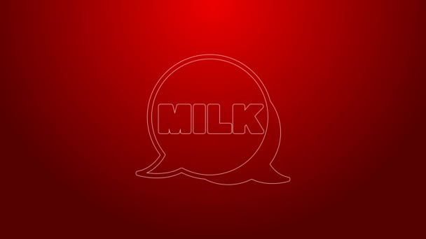 Línea verde Icono de la leche lettering aislado sobre fondo rojo. Diseño escrito a mano para etiqueta, marca, insignia. Animación gráfica de vídeo 4K — Vídeo de stock