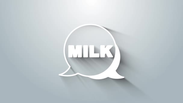 Letras blancas icono de la leche aislado sobre fondo gris. Diseño escrito a mano para etiqueta, marca, insignia. Animación gráfica de vídeo 4K — Vídeo de stock