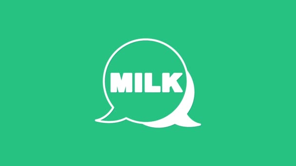 Letras blancas icono de la leche aislado sobre fondo verde. Diseño escrito a mano para etiqueta, marca, insignia. Animación gráfica de vídeo 4K — Vídeo de stock