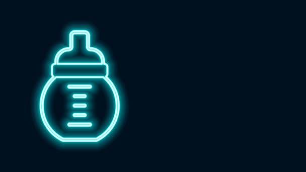 Glowing neon line Baby milk in a bottle icon isolated on black background. Feeding bottle icon. 4K Video motion graphic animation — Stock Video