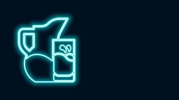 Glowing neon line Milk jug or pitcher and glass icon isolated on black background. 4K Video motion graphic animation — Vídeo de Stock