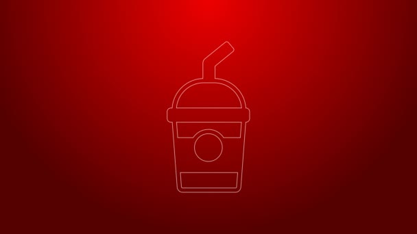 Línea verde Icono de batido aislado sobre fondo rojo. Taza de plástico con tapa y paja. Animación gráfica de vídeo 4K — Vídeo de stock