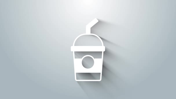 Witte Milkshake pictogram geïsoleerd op grijze achtergrond. Plastic beker met deksel en rietje. 4K Video motion grafische animatie — Stockvideo