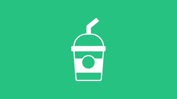 Witte Milkshake pictogram geïsoleerd op groene achtergrond. Plastic beker met deksel en rietje. 4K Video motion grafische animatie — Stockvideo