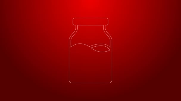 Línea verde Botella de vidrio cerrada con icono de la leche aislada sobre fondo rojo. Animación gráfica de vídeo 4K — Vídeo de stock