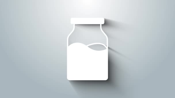 Biała butelka szklana zamknięta z ikoną mleka na szarym tle. 4K Animacja graficzna ruchu wideo — Wideo stockowe