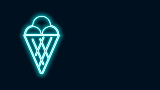 Glowing neon line Ice cream in waffle cone icon isolated on black background. Sweet symbol. 4K Video motion graphic animation — Stock Video
