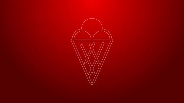 Green line Ice cream in waffle cone icon isolated on red background. Sweet symbol. 4K Video motion graphic animation — Stock Video
