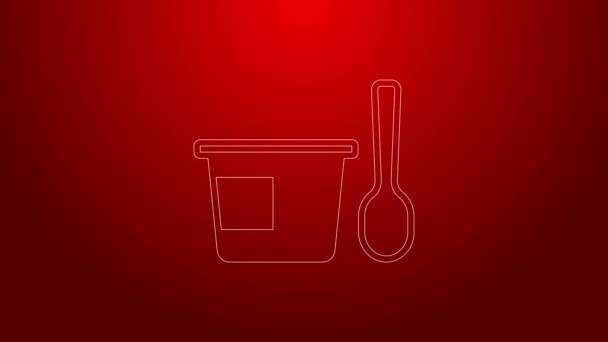 Green line Yogurt container with spoon icon isolated on red background. Yogurt in plastic cup. 4K Video motion graphic animation — Vídeo de Stock