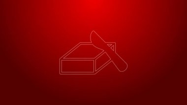 Kırmızı arkaplanda izole edilmiş bir tereyağı kabında yeşil çizgi tereyağı. Tereyağlı tuğla tabakta. Süt bazlı ürün. Doğal süt ürünü. 4K Video hareketli grafik canlandırması