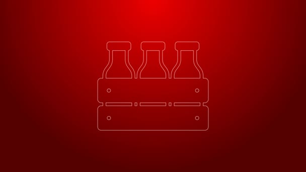Green line Bottled milk packed in wooden box icon isolated on red background. 4K Video motion graphic animation — Stock Video
