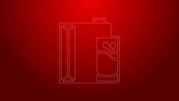 Green line Paper package for milk and glass icon isolated on red background. Milk packet sign. 4K Video motion graphic animation — Stock Video