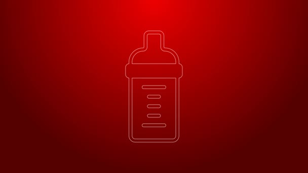 緑のライン赤の背景に隔離されたボトルのアイコンのベビーミルク。哺乳瓶のアイコンを供給。4Kビデオモーショングラフィックアニメーション — ストック動画