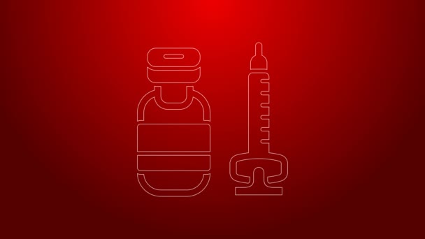Green line Medical syringe with needle icon isolated on red background. Vaccination, injection, vaccine, insulin concept. 4K Video motion graphic animation — Stock Video