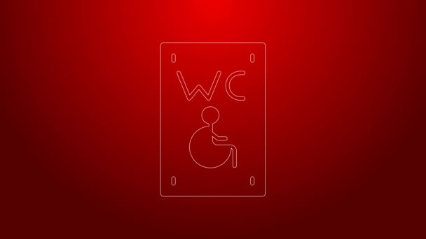 Grüne Linie Getrennte Toilette für Behinderte Symbol isoliert auf rotem Hintergrund. Behinderten zugänglichen männlichen und weiblichen WC. 4K Video Motion Grafik Animation — Stockvideo