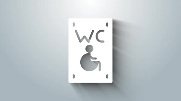 Білий відокремлений туалет для людей з обмеженими можливостями ізольований на сірому фоні. Доступний для інвалідів чоловічий і жіночий туалет. 4K Відео рух графічна анімація — стокове відео