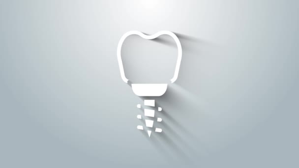 Белый значок зубного импланта изолирован на сером фоне. Видеографическая анимация 4K — стоковое видео