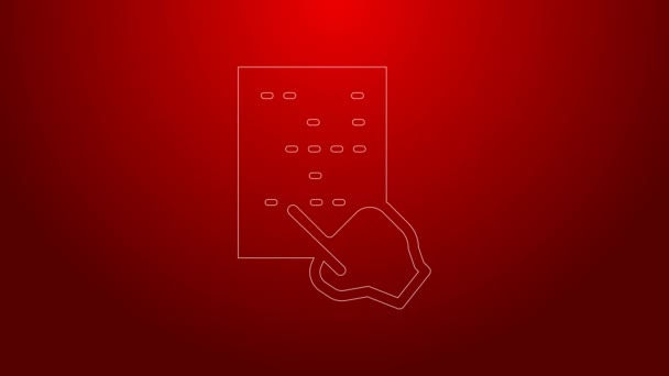Green line Braille icon isolated on red background. Finger drives on points. Writing signs system for blind or visually impaired people. 4K Video motion graphic animation — Video