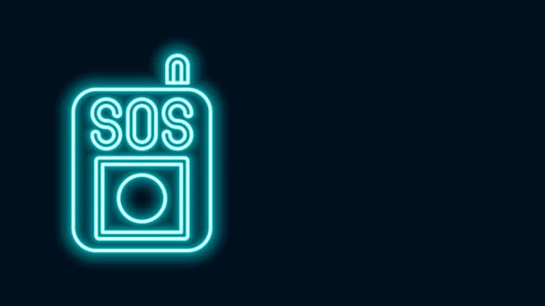 Línea de neón brillante Pulse el icono del botón SOS aislado sobre fondo negro. Animación gráfica de vídeo 4K — Vídeo de stock