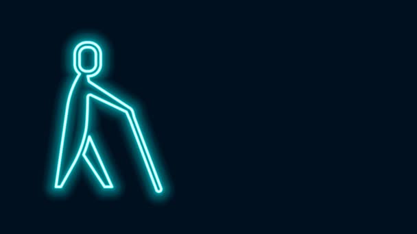 Línea de neón brillante Icono de palo de retención humano ciego aislado sobre fondo negro. Humano discapacitado con ceguera. Animación gráfica de vídeo 4K — Vídeo de stock
