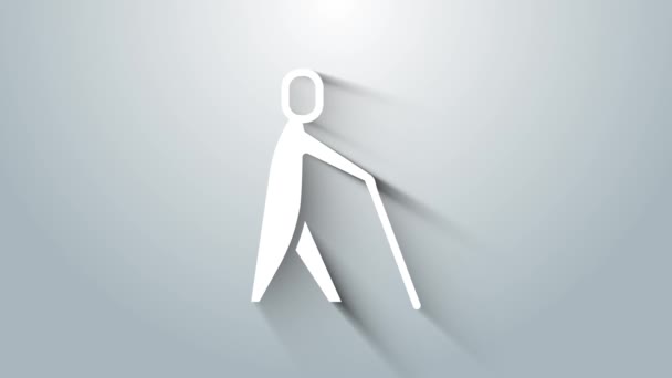 Biała ślepa ludzka ikona kija wyizolowana na szarym tle. Niepełnosprawny człowiek ze ślepotą. 4K Animacja graficzna ruchu wideo — Wideo stockowe